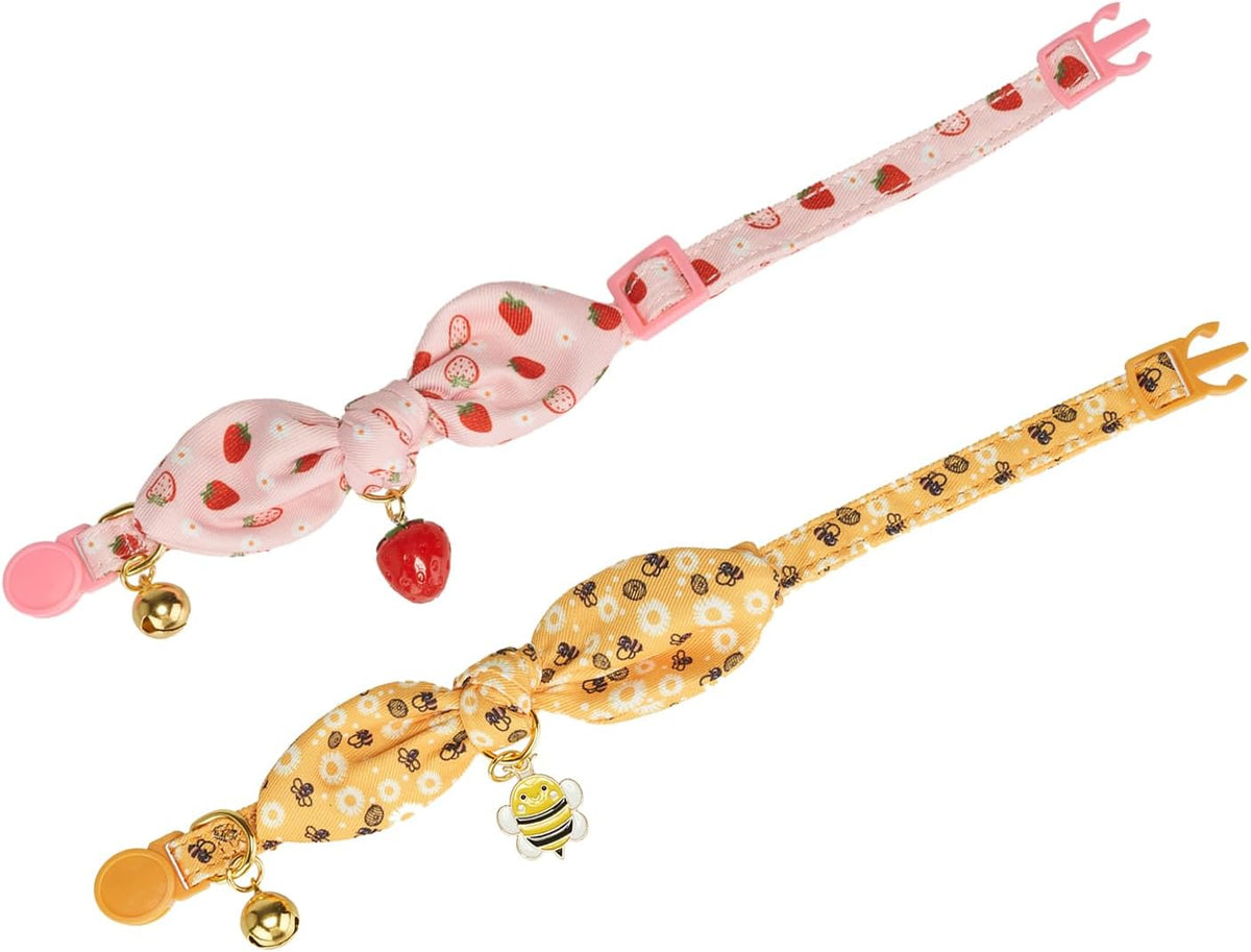2 Pack Breakaway Cat Collars with Cute Bunny Ear Bowtie and Bell, Bow Tie Kitty Collars for Female Girl Cats(Yellow Bee & Pink Strawberry)