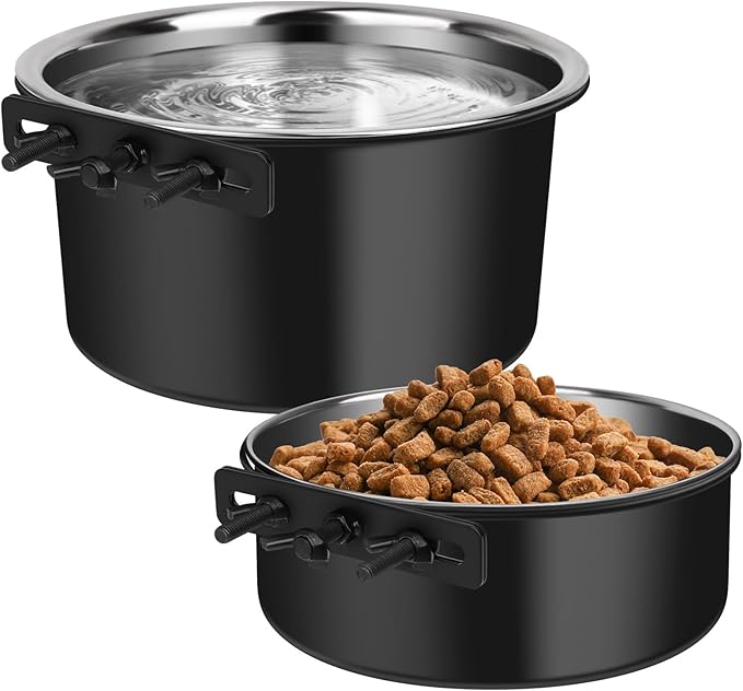 Dog Crate Bowls Hanging No Spill, ShineMe 60oz & 40oz Stainless Steel Dog Kennel Food and Water Bowls Mountable for Large and Medium Pets (7.0 x 3.7” & 6.2 x 2.5”)