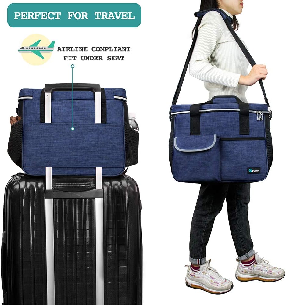 PetAmi Dog Travel Bag, Travel Pet Bag Organizer, Dog Food Travel Bag with Food Container and Bowls, Dog Travel Supplies Gift Accessories for Weekend Camping, Dog Cat Diaper Bag (Navy, Medium)
