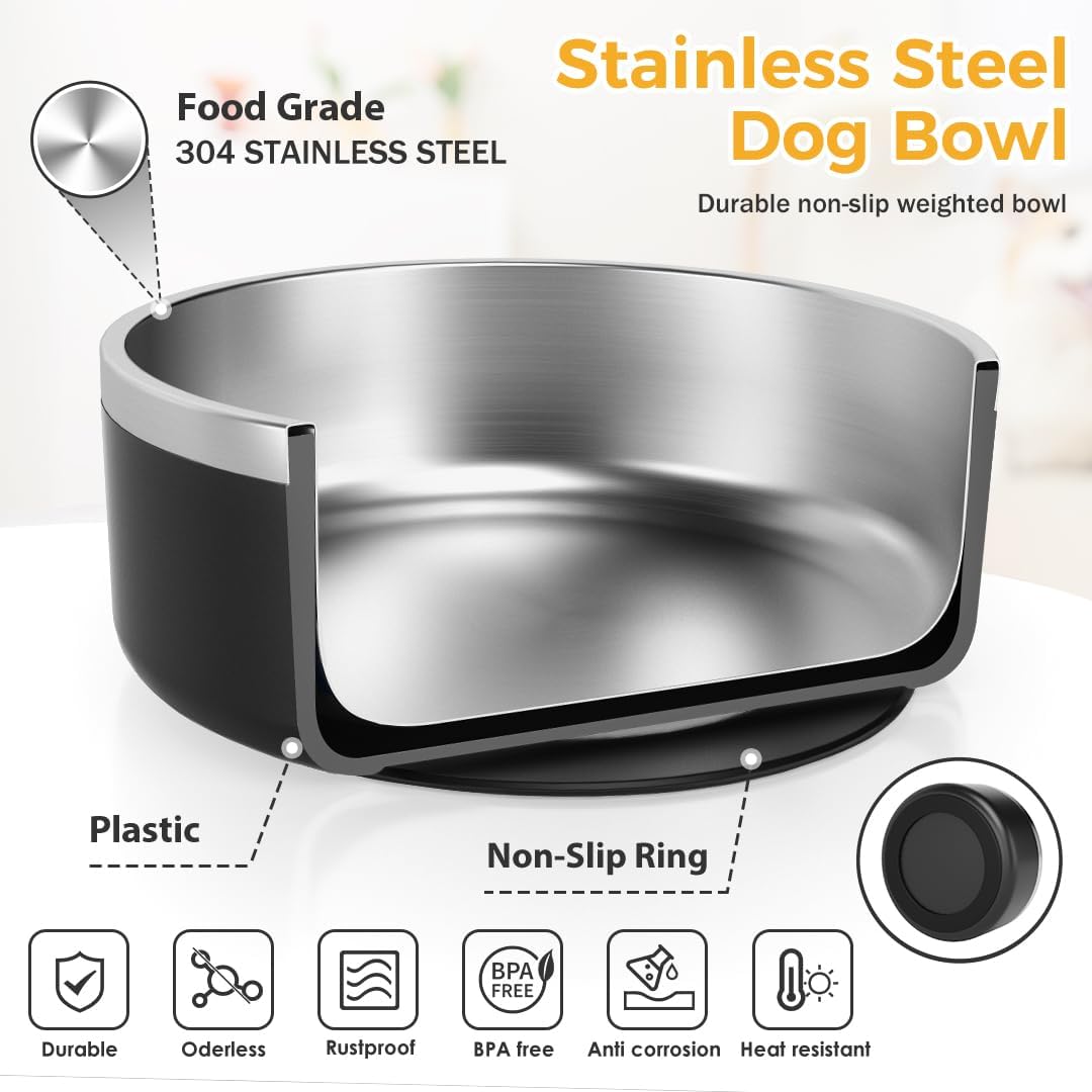 IKITCHEN Dog Bowl for Food and Water, 64 Oz Stainless Steel Pet Feeding Bowl, Durable Non-Skid Double Wall Insulated Heavy Duty with Rubber Bottom for Medium Large Sized Dogs (64 Ounces/8 Cup, Black)