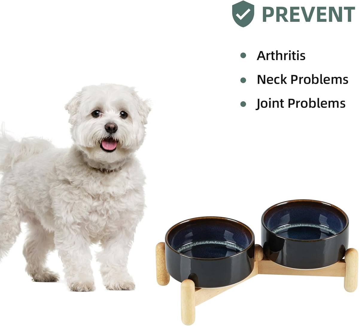 Ceramic 5.1inch Raised Double Bowls Set with Wooden Stand, Elevated Food & Water Bowls for Small Breed Dogs, Cats, Kitty, Weighted Dog Dishes, Pet Bowls(13.5oz, Starry Sky)