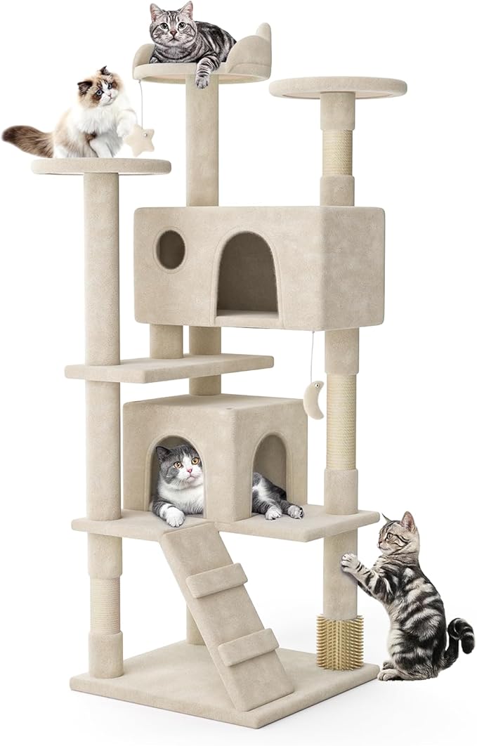 MoNiBloom 70 Inch Cat Tree Tower for Indoor Cats Large Adults, Tall Cat Tower with Scratching Post, Multi-Level Furniture Activity Center with Cat Condo Pet Play House, Beige