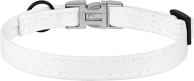 Leather Cat Collar with Buckle and Removable Bell - Non Breakaway Adjustable Soft Safety Small Pet Collars for Girl Boy Cats Kitten (White)