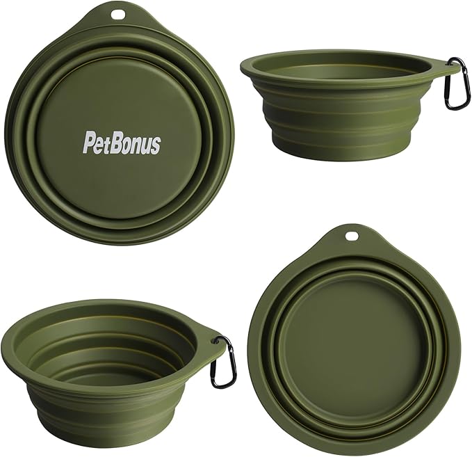 PetBonus 2-Pack Large Silicone Collapsible Dog Bowls, 34oz/1000ml BPA Free Portable Foldable Travel Bowl for Pet Cat, Food Water Feeding Dish for Camping with 2 Carabiners (Army Green, Blue)
