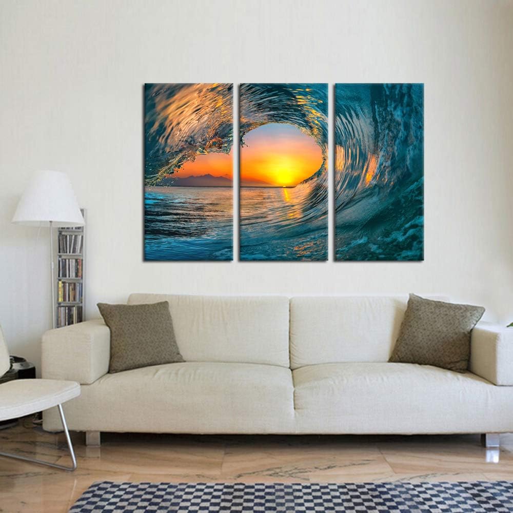 KREATIVE ARTS Large 3 Pieces Canvas Prints Wall Art Sunset Sea Water Ocean Wave Pictures Paintings Modern Stretched and Framed Seascape Giclee Artwork Ready to Hang for Living Room Home Decorations