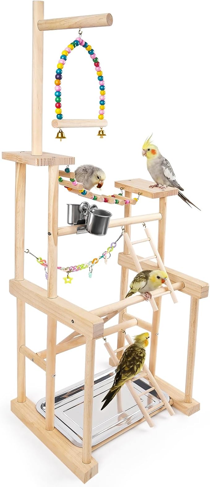 Bird Playground 4 Layer, Parrot Perch Stand Bird Play Stand for Parakeet Conure Cockatiel Lovebird Budgie, Parrot Playground with Feeder Cups, Ladder, Chain Toy, Swing and Detachable Tray