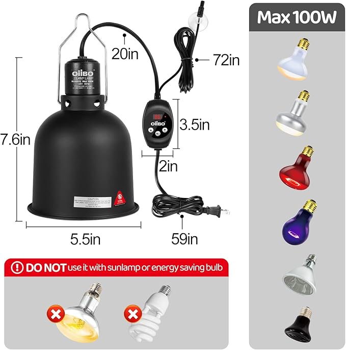 Oiibo Reptile Light Fixture with Dimming Thermostat, 5.5 Inch Deep Dome Lamp Fixture, PID Temperature Controller for Reptile Heat Lamp Bulb, Max 100W