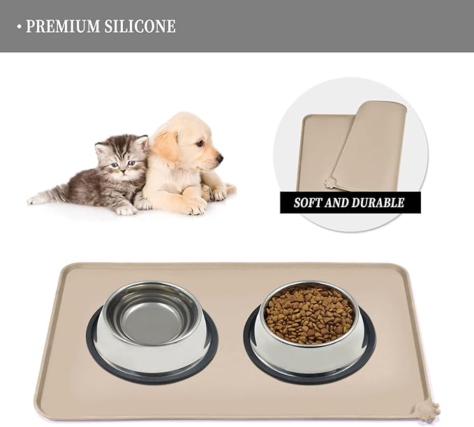 Waterproof Pet Feeding Mat with High Raised Edges, Heavier and Thicker Placemats for Cat Dog Water Bowl with BPA Free, Dogs Cats Food Mats for Messy Drinkers to Prevent Spill and Protect Floors