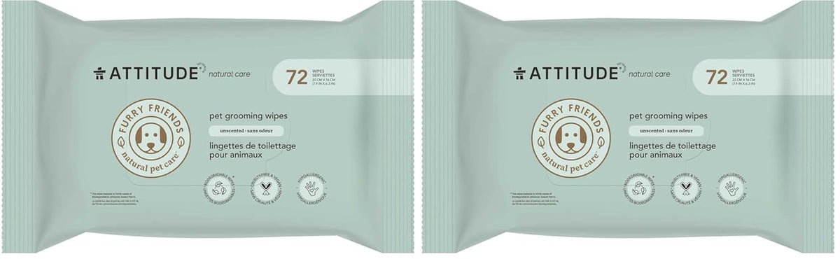 ATTITUDE Pet Grooming Wipes, Hypoallergenic Plant and Mineral-Based Ingredients, Vegan and Cruelty-Free Biodegradable Products, Unscented, 72 count (Pack of 2)