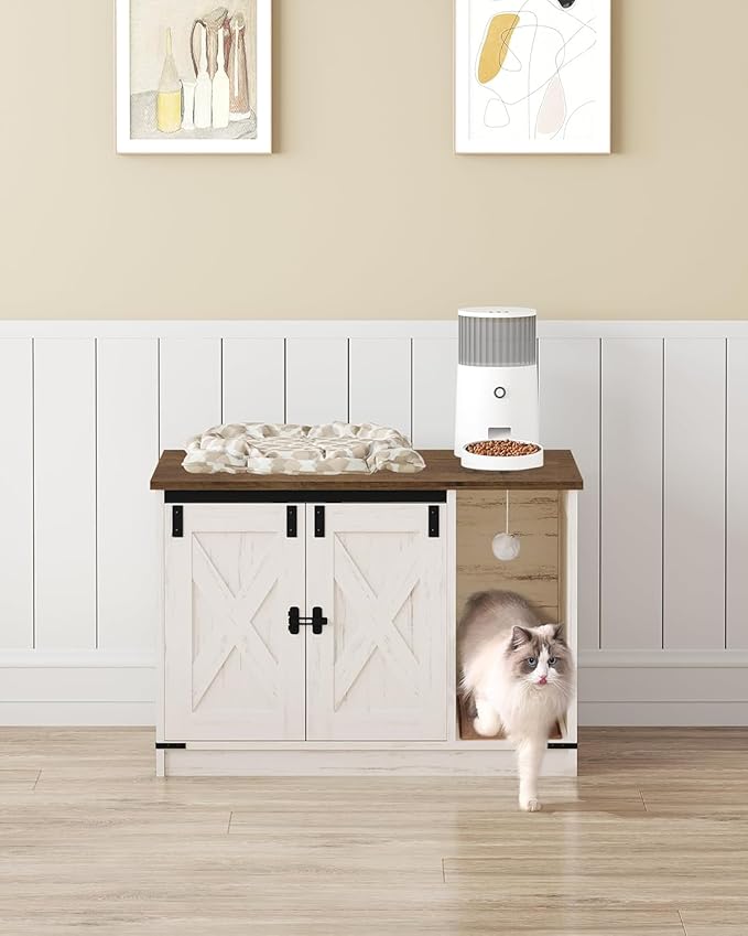 Cat Litter Box Enclosure, Hidden Litter Box Cabinet Furniture with Bell, Indoor Cats House, Farmhouse Style, 31.5 x 19.7 x 20.9Inches, for Hallway, Bedroom, Rustic Brown and White CB82414X