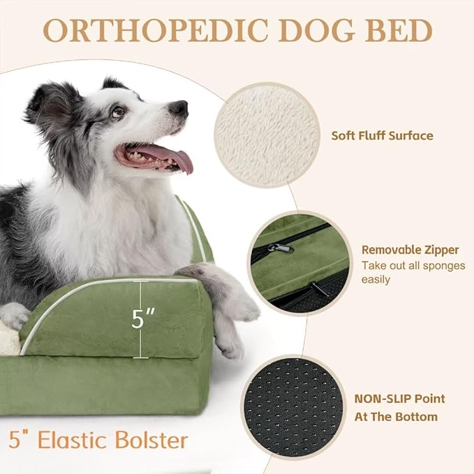 Comfort Expression Orthopedic Dog Bed for Extra Large Dogs 45x35 Inch, Waterproof Egg Crate Foam XL Pet Bed with Removable Bolsters, Dog Couch with Washable Cover & Non-Slip Bottom, Light Green