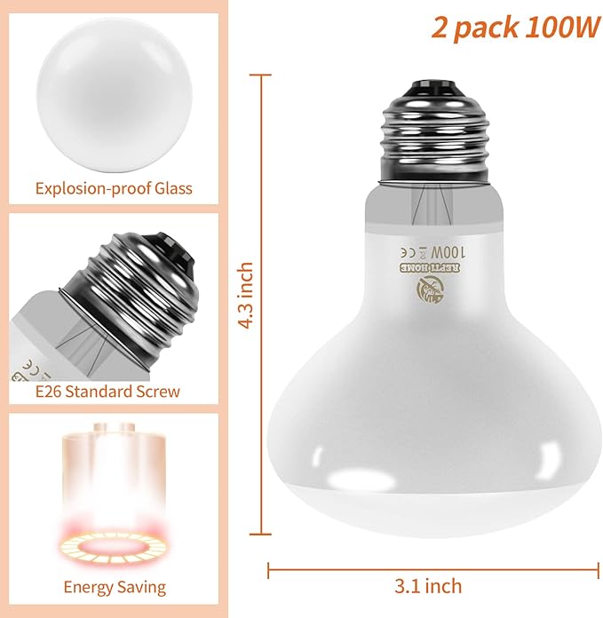 New Upgrade Reptile Heat Lamp Bulb (3rd Gen No Broken), 100W 2 Pack Basking Spot Light for Reptiles & Amphibians,UVA Daylight Heat Bulb for Bearded Dragon, Turtle