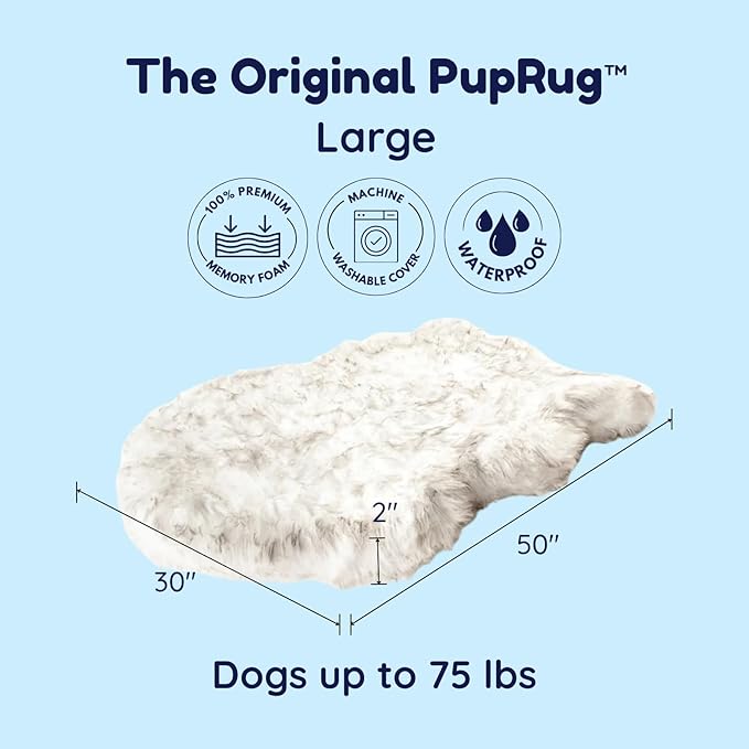 PupRug Orthopedic Dog Bed for Large Dogs with Fluffy Soft Faux Fur and Memory Foam for Joint Pain Relief, Machine Washable and Waterproof Couch Bed, White with Brown Accents, Large/Extra Large