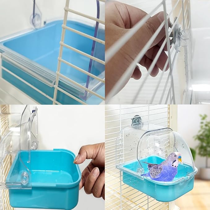 Bird Bath for Cage, Cleaning Pet Supplies Cockatiel Bird Bathtub with Hanging Hooks for Little Bird Parrots Spacious Parakeets Portable Shower for Most Birdcage(Blue)