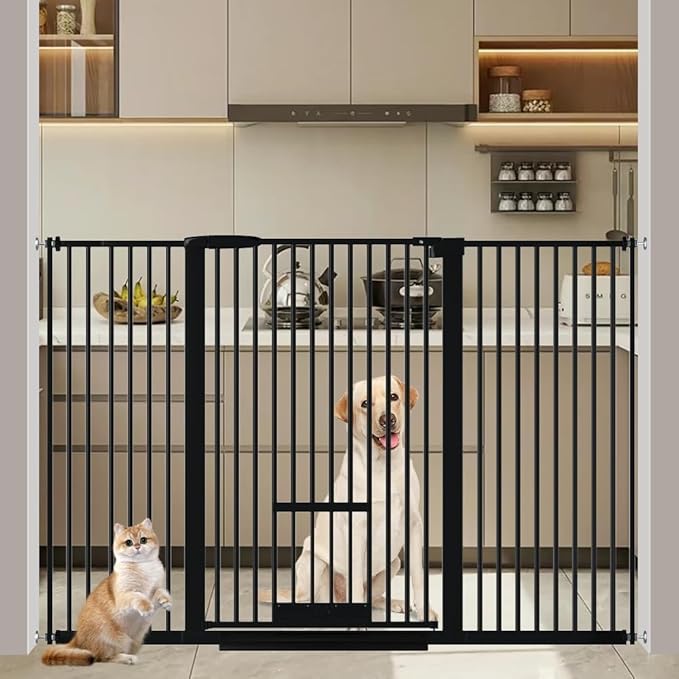 40.55" Tall 1.37" Ultra Narrow Spacing Dogs Pets Baby Gate with Door for Doorway Cat Safety Proof Indoor 30.12-61.61" Extra Wide Puppy Pressure Mounted Black Metal Hallway
