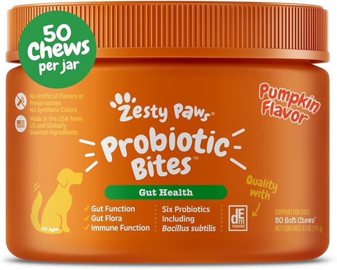 Zesty Paws Probiotics for Dogs, Digestive Enzymes Gut Flora, Digestive Health, Diarrhea & Bowel Support, DE111, Dog Probiotics Soft Chew for Pet Immune System, Chicken, 90 Ct