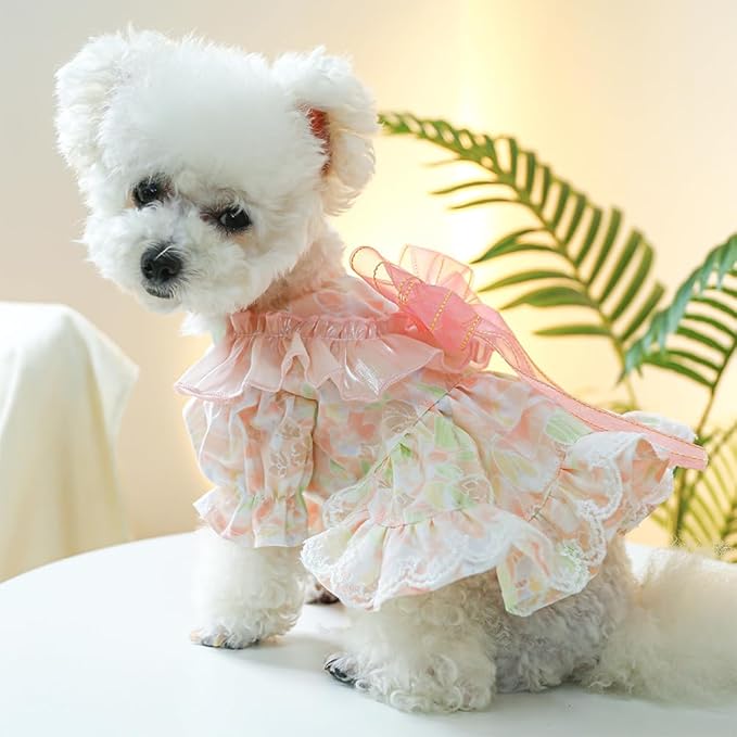 Pink Dog Dress for Small Dog Girl Spring Puppy Clothes with Bow Puff Sleeves Cat Outfit Doggy Princess with Leash Ring Doggies Harness Dress Summer Pet Apparel (Pink, Medium)