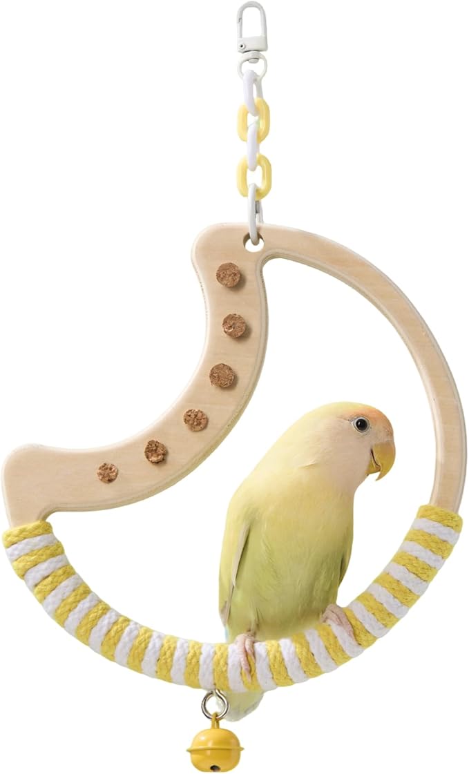 Natural Bird Swing - Moon-Shaped Parrot Perch with Bell and Cork Toys, Spinning Wooden Stand for Parakeets, Budgies, Lovebirds and Small/Medium Birds (White + Yellow)