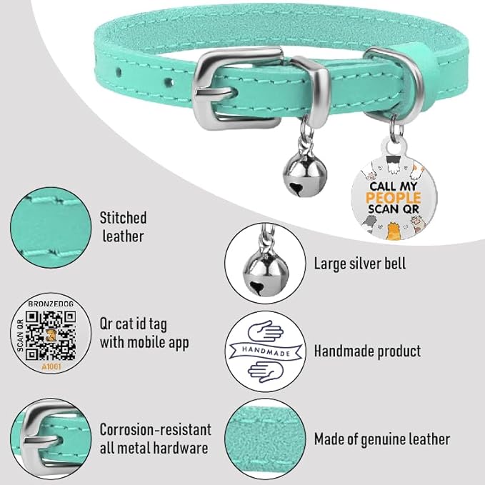 BRONZEDOG Leather Cat Collar with Removable Bells Non Breakaway Kitten QR Tag for Girl Boy (9" - 12" Cats/Mini Dogs, Turquoise & Silver)