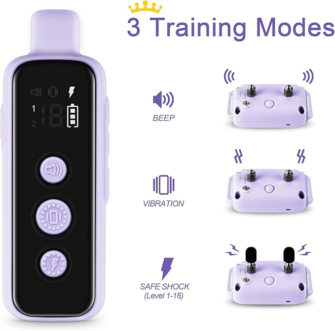 Bousnic Dog Shock Collar for 2 Dogs - (8-120lbs) Waterproof Rechargeable Electric Dog Training Collar with Remote for Small Medium Large Dogs with Beep Vibration Safe Shock Modes(Purple)