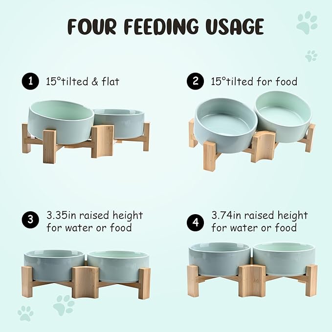 SPUNKYJUNKY 15° Slanted Ceramic Dog and Cat Bowl with Wooden Stand, Tilted Bulldog Food and Water Bowl No Slip Non-Spill for Cats Medium Dogs Big Face Pets 13.5 OZ (1.7 Cups, Morandi Green × 2)