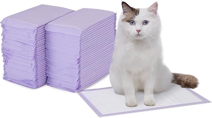 Amazon Basics Cat Pee Pads, 60 Count, Universal Fit for Litter Box, Odor Control with Lemon Scent, White/Purple