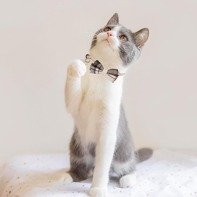 ADOGGYGO Plaid Cat Collars Breakaway with Bow Bell, Removable Bowtie, 2 Pack Beige Blue Plaid Kitten Bow Collar for Cats Kittens