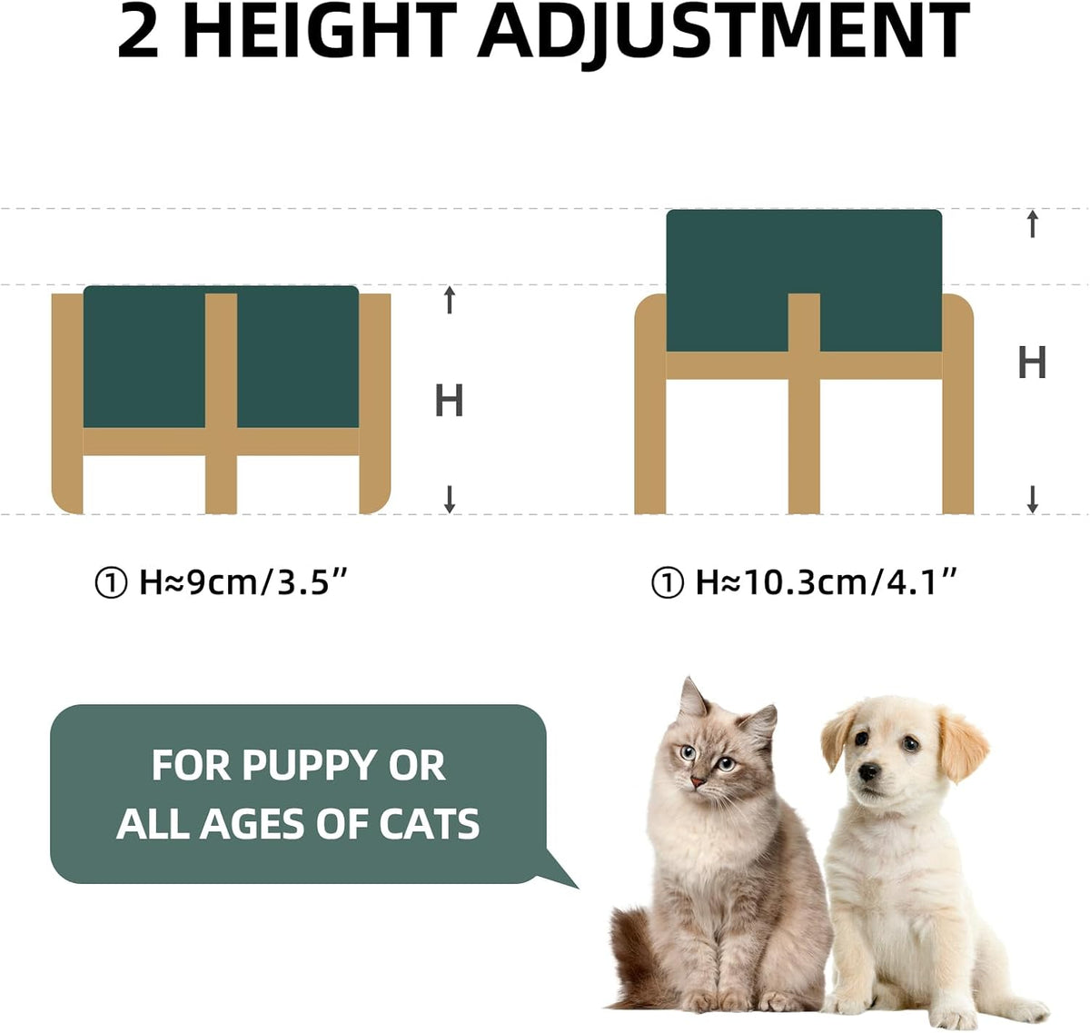 Ceramic Raised Dog and Cat Bowl Set, 2 Heights Elevated Stand, Food and Water Bowl for Small Breed Dogs, Cats, Kitty, Weighted Dog Dishes, Pet Bowls(5.1'',13.5oz, Green)
