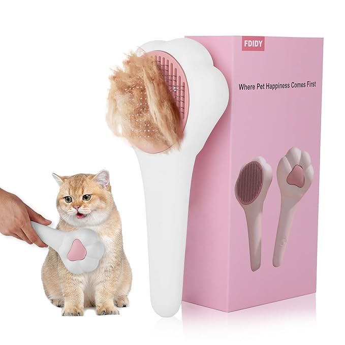 Cat Brush with Release Button Self-Cleaning and Skin-Friendly Grooming and Shedding Tool for Long and Short Haired Cats & Dogs, 140° Comb Teeth, Removes Loose Undercoats and Promotes Healthy Fur