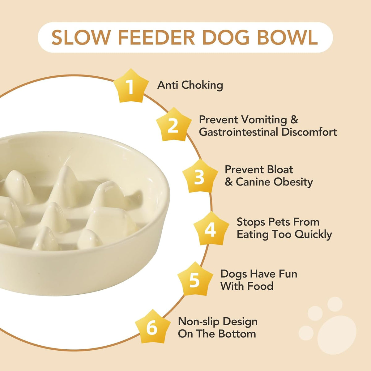 Ceramic 7.3 inch Dog Bowl Slow Feeder, Slow Pet Food Dish for Medium and Small Dog, Stop Bloat, Preventing Choking(Single Bowl, Beige)