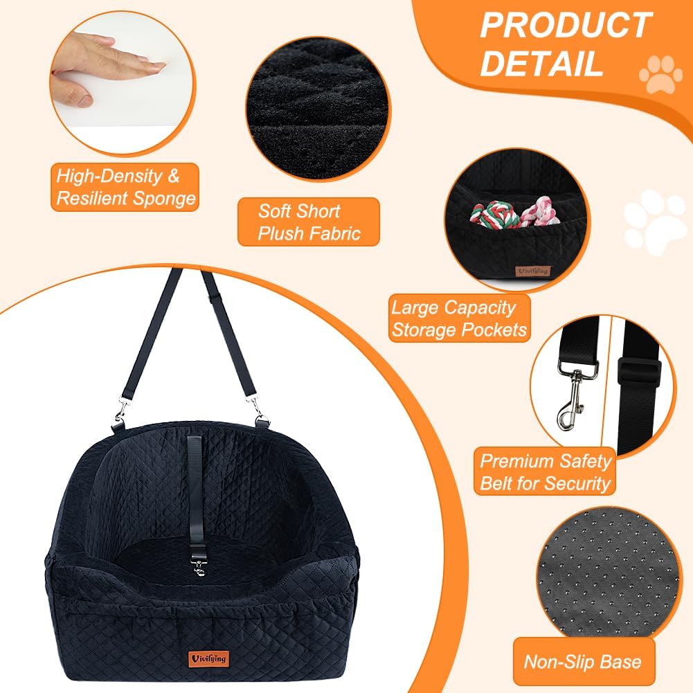 Vivifying Dog Car Seat for Small & Medium Dogs, Detachable & Washable Booster Seat for Pets Up to 30lbs, Travel Bed with Storage Pockets and Safety Belt – Black