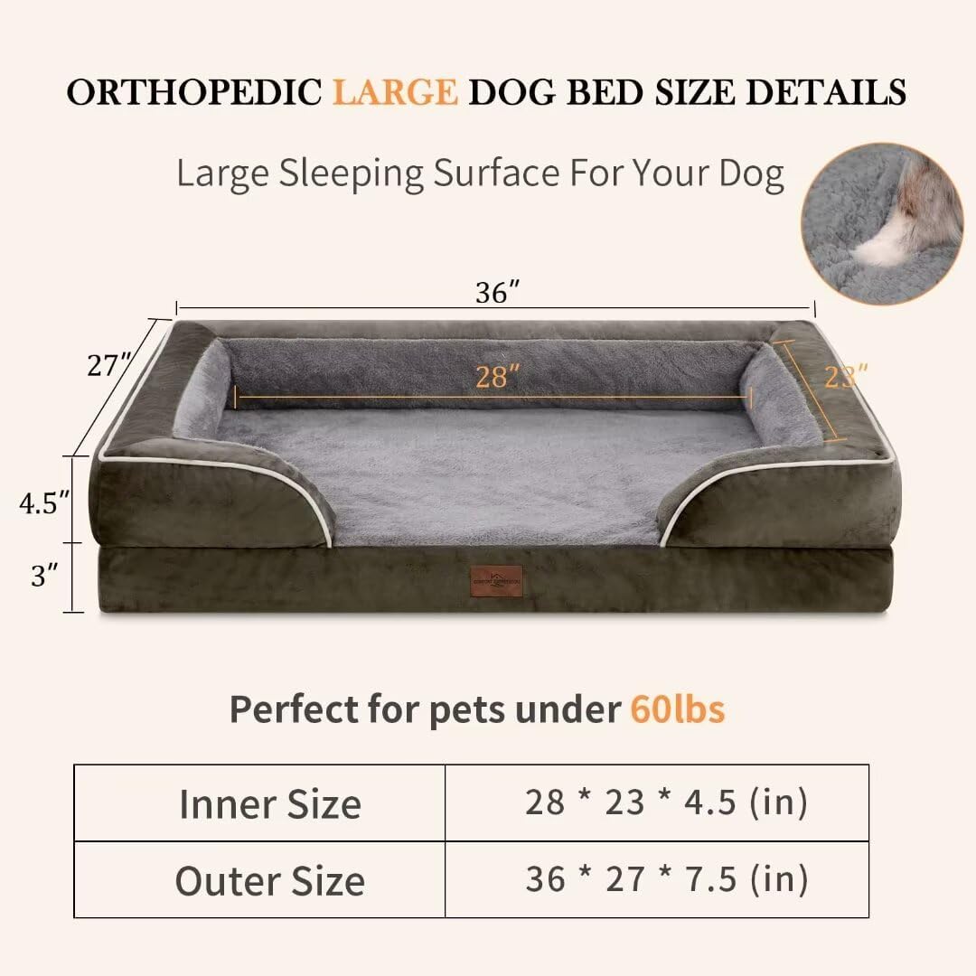 Comfort Expression Orthopedic Memory Foam Dog Beds, Waterproof Dog Beds Large Sized, Washable Dogs Beds with Removable Cover, Pet Sofa Couch with Bolster(Large,Olive Green)