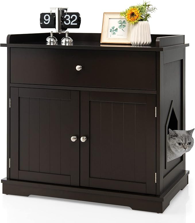 PETSITE Cat Litter Box Enclosure, Large Cat Washroom End Table with Drawer & 2 Doors, Wooden Cat House Storage Cabinet, Hidden Litter Box Furniture, Brown