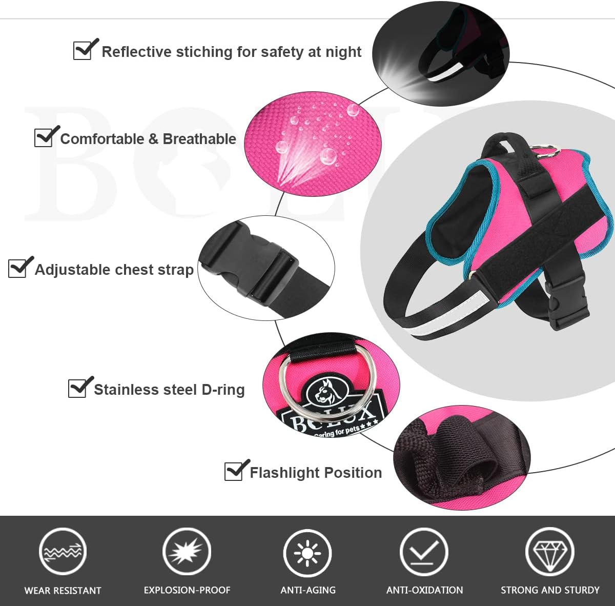 Bolux Dog Harness, No-Pull Reflective Dog Vest, Breathable Adjustable Pet Harness with Handle for Outdoor Walking - No More Pulling, Tugging or Choking Large (Pack of 1) RoseTurquoise