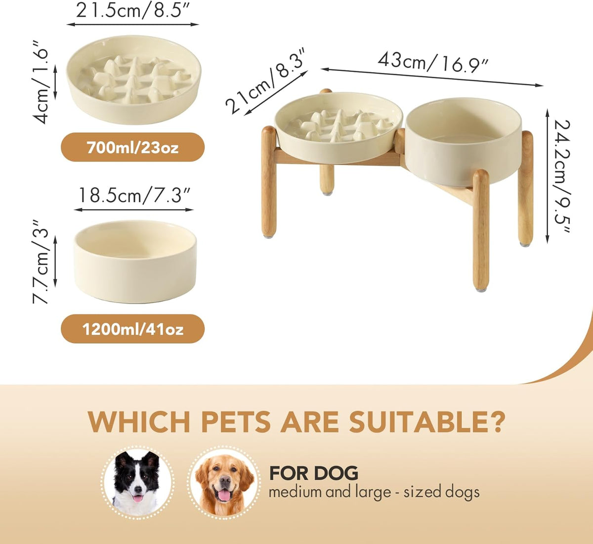 Ceramic Raised Slow Feeder Dog Bowl Set, Elevated 7.3inch Bowl and 8.2inch Slow Pet Food Dish with Wooden Stand for Medium and Large Dog (2 x Beige+ Stand)