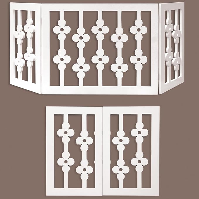 Etna White Floral Wooden Pet Gate - Freestanding Foldable Adjustable 3-Section Dog Gate. Extra Wide, Keeps Pets Safe Indoors/Outdoors - Fully Assembled
