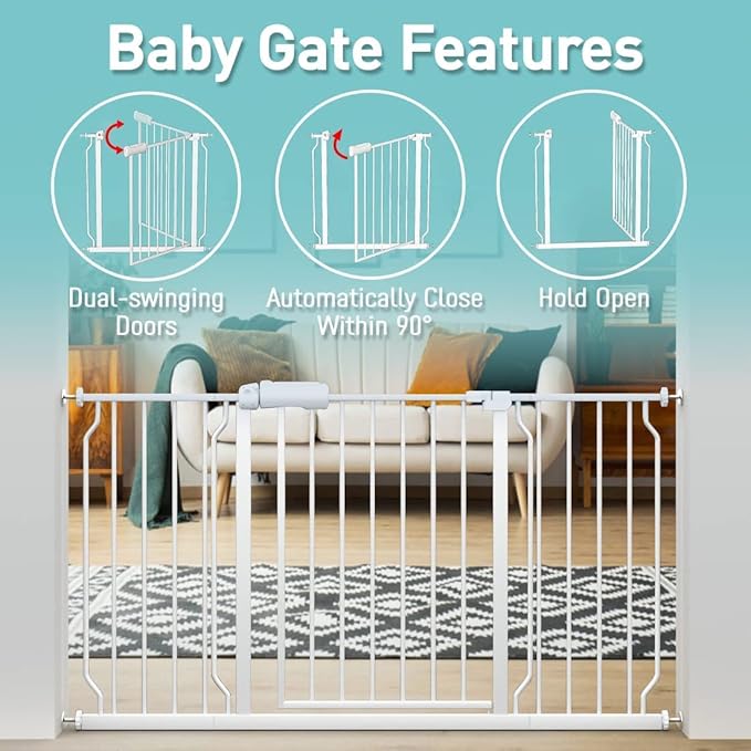WAOWAO Baby Gate 62.19-66.88" Extra Wide Pressure Mounted Walk Through Swing Auto Close Safety White Metal Toddler Kids Child Dog Pet Puppy for Stairs,Doorways,Kitchen
