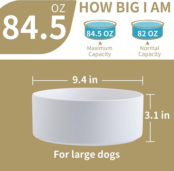 White Dog Bowl Ceramic for Medium Large Breed,Dog Food Water Dish Heavy Weighted, Non Slip Porcelain Extra Large Big 9.4 in Pet Bowl