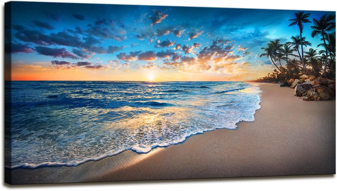 Jiuqinghua Canvas Prints Wall Art Blue Beach Ocean Landscape Paintings 1 panel Sunset Sea Waves Wall Decor Pictures Stretched and Framed for Living Room Bedroom and Office Home Decor Artwork