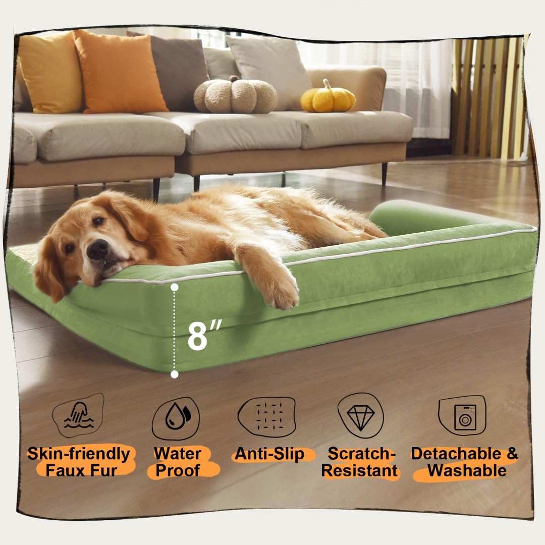 Large Dog Bed Orthopedic Washable - Beds Bolster - Extra XL XLarge Big Dogs - Memory Foam Couch Sofa - Waterproof with Removable Cover - Grass Green Dog Bed