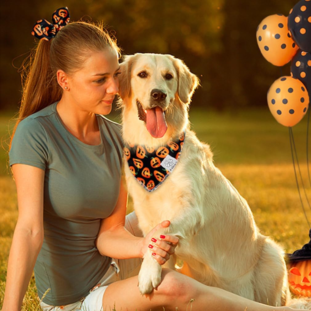 E-Clover Halloween Dog Bandanas & Matching Scrunchie Set Pumpkin Dog Scarf Kerchiefs Pet Outfit for Medium Large Dogs Owner Mom Orange Black Fall
