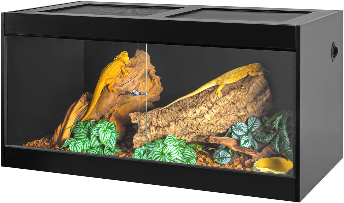 OIIBO 120 Gallon Reptile Terrarium, 48" x 24" x 24" Wooden Reptile Terrarium with Double Hinge Sliding Doors and Top Screen Ventilation Black Reptiles Habitat Lounge