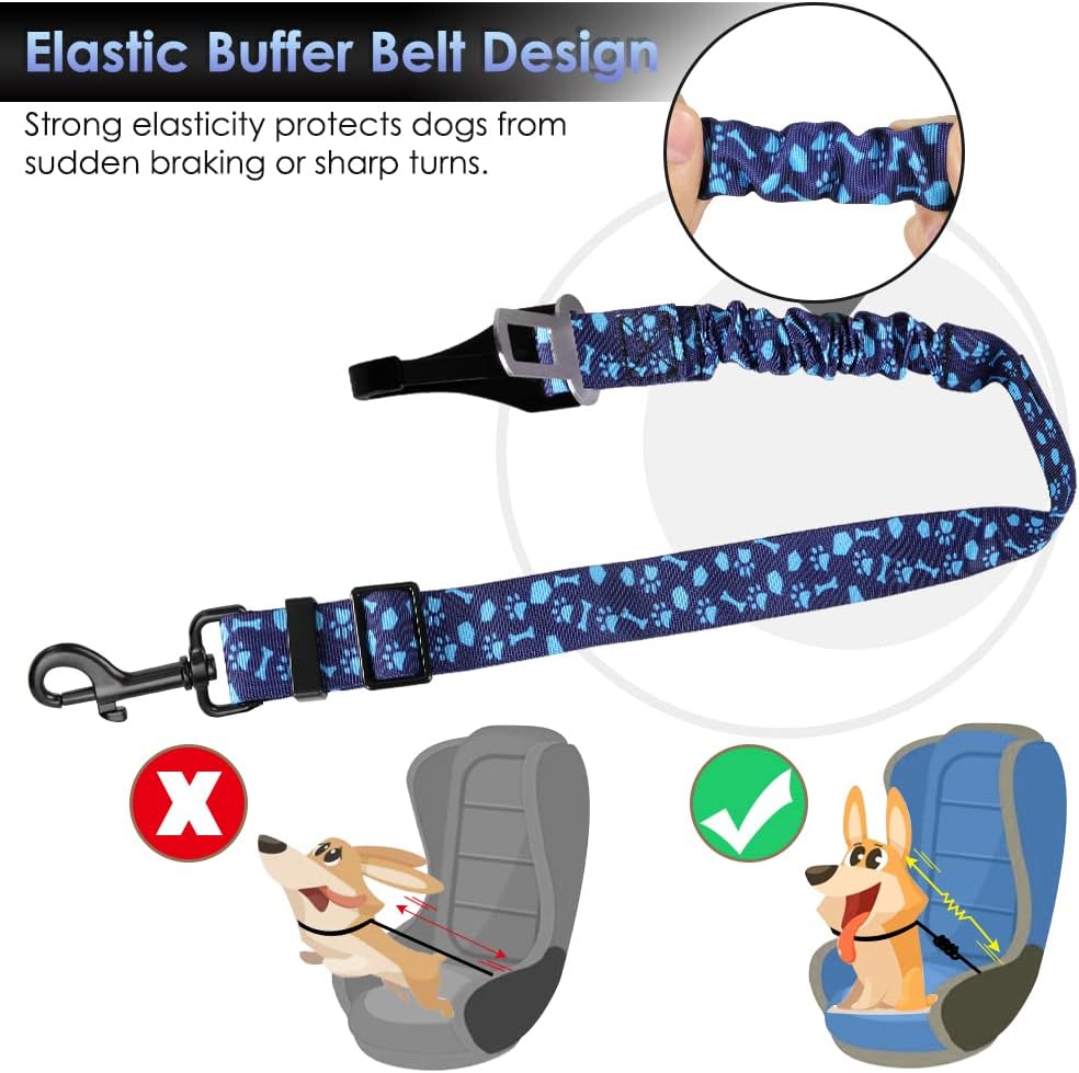 SlowTon Dog Seat Belt, Adjustable Dog Safety Belt Leash, 2 in 1 Latch Bar Attachment Dogs Car Seatbelt with Elastic Nylon Bungee Buffer, Reflective Nylon Belt Tether (BL,35.5in)
