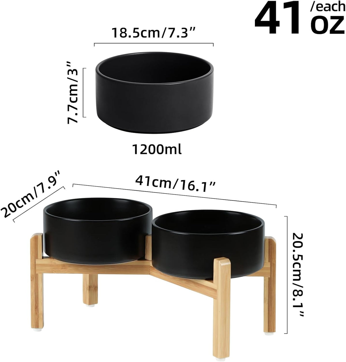 Ceramic Raised Double Bowls Set with Stand, Food & Water Bowls for Medium Breed Dogs, Weighted Dog Dishes, Pet Bowl(7.3'',41OZ, Black)