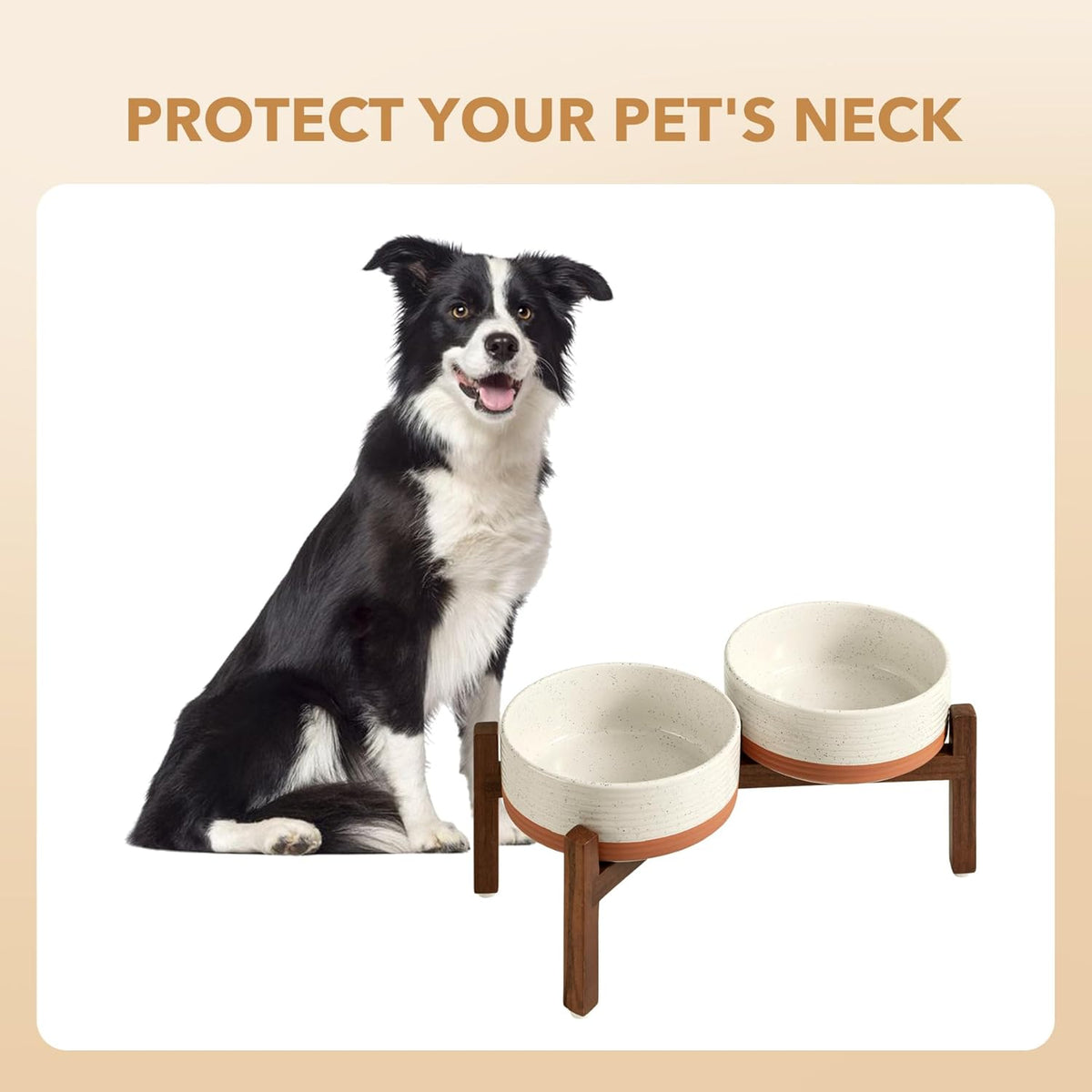 Ceramic 7.3inch Raised Double Dog Bowls Set with Acacia Wood Stand, Food & Water Bowls for Medium Breed Dogs, Weighted Pet Dishes(41oz, Vanilla White)