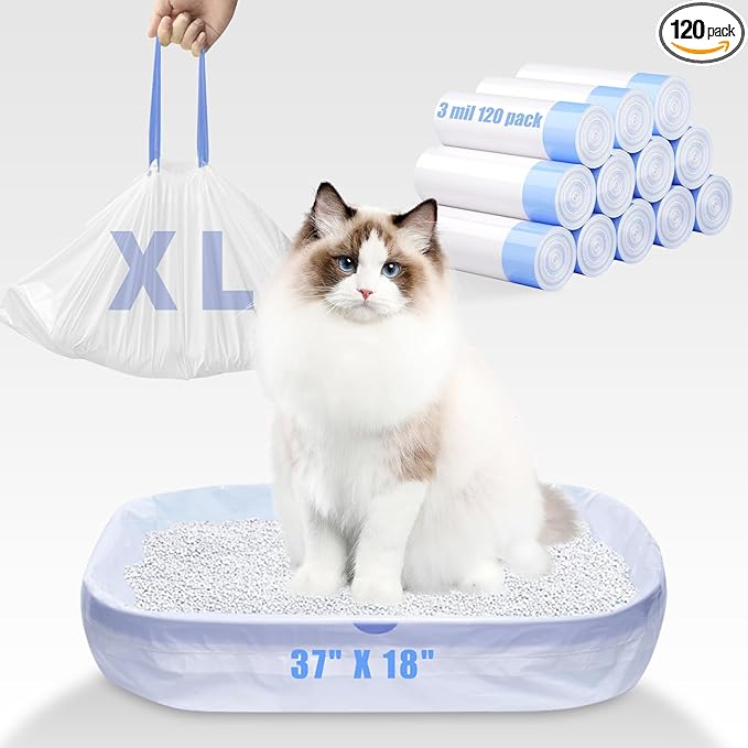 120 Pack Jumbo Cat Litter Bags-3MIL Extra Thick Leakproof Litter Box Liners, 37"x18" Heavy Duty Drawstring Cat Litter Liners for Automatic Litter Box, Odor Control Disposable Kitty Litter Bags 12 Roll