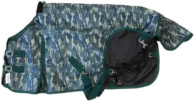 AJ Tack 1200D Waterproof Winter Horse Blanket with Hood - 400g Heavyweight Turnout with Fleece Collar, Shoulder Gussets & Tail Flap - Camouflage 78"