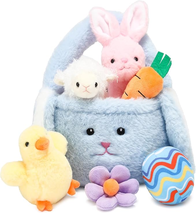7 Piece Plush Stuffed Animals Playset Toys with Rabbit, Chick, Lamb, Carrot, Egg, Flower, Furry Bag, Soft Basket Set Toys for Girls Kids Ages 3+, Birthday Christmas Valentines Easter Party Favors