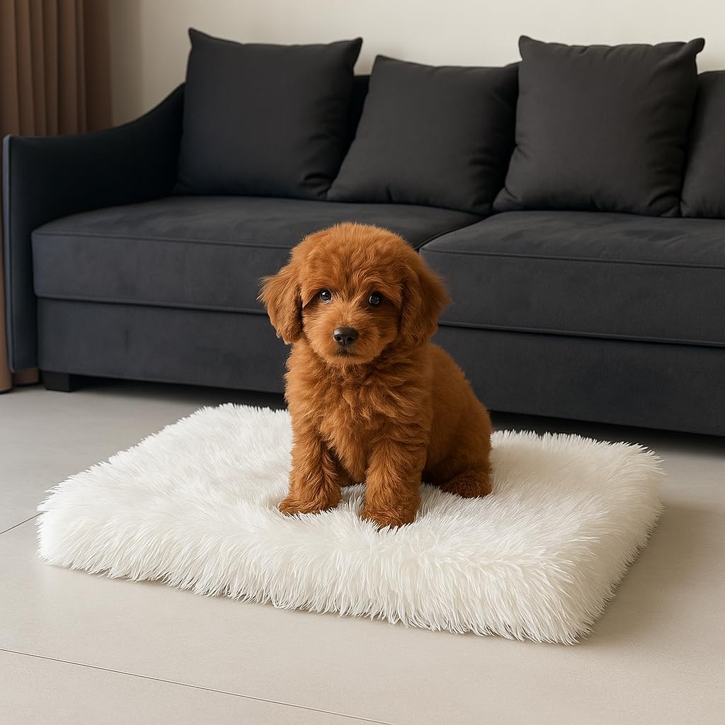 IHAPPYDOG Luxury Faux Fur Orthopedic Dog Beds, Memory Foam Crate Bed for Small, Medium, Large and XL Pets, Fluffy Pet Bed with Waterproof and Washable Cover, Fits Crates (White, 35" x 23")
