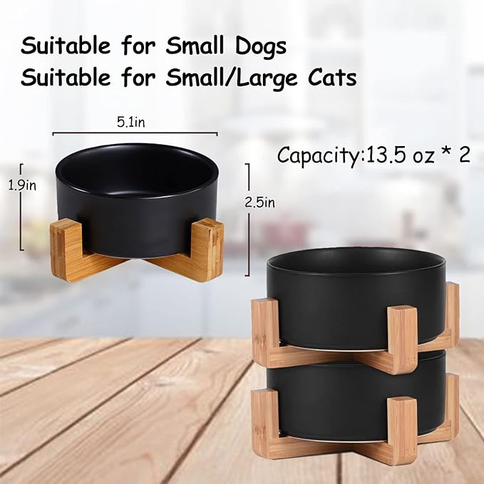 Petygooing Ceramic Black Cat Dog Bowl Set with Stand,Small Dog Bowls, Pet Food and Water Dish, Anti Slip Set of 2 Cat Bowl-Pet Food Dishes- Pet Bowls Small Size Pet (13.5OZ/5.1 in)